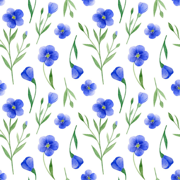Blue flax flowers on a white background. Floral seamless pattern for wallpaper, wrapping paper, fabric, textile design. Beautiful texture of watercolor elements. Summer blooming herbs - Photo, image