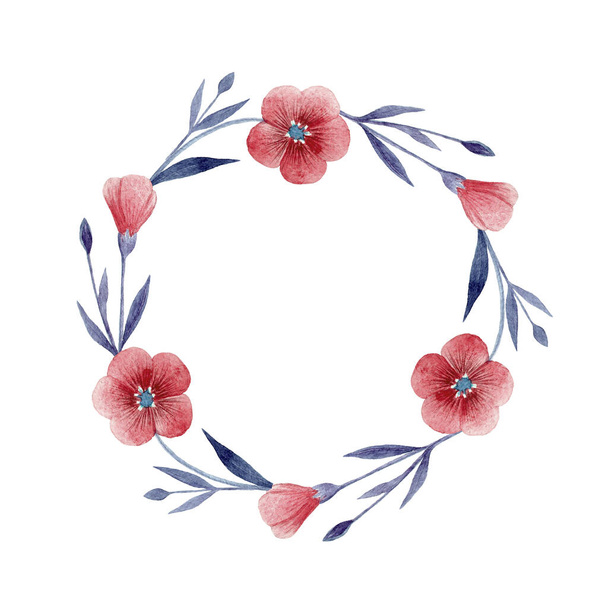Wreath of red watercolor flowers isolated on a white background. Round floral frame for save the date decoration, greeting cards, and invitations - 写真・画像