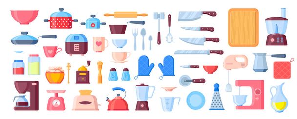 Vector kitchen utensils flat elements set. Kitchenware cooking objects with shadows and reflections icons. Frying pan, knives, plates, kettle isolated - Vektori, kuva