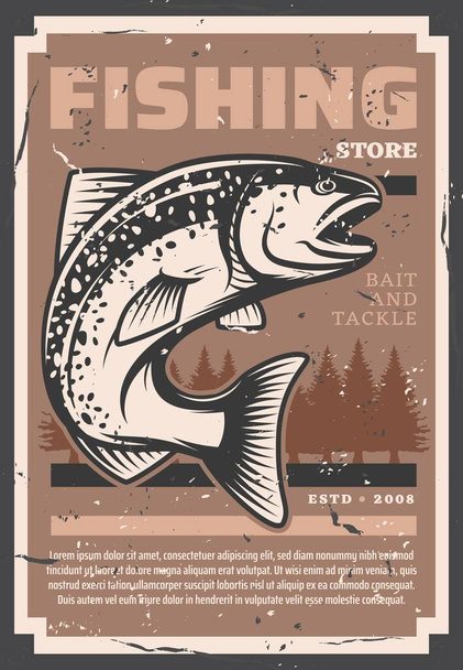 Zalm en forel vissen, vis vangen en visser apparatuur winkel retro vintage grunge poster. Vectorvisserijhengels, tactieken en kunstaas, lokaas voor rivier-, zee- en oceaanvisserij - Vector, afbeelding