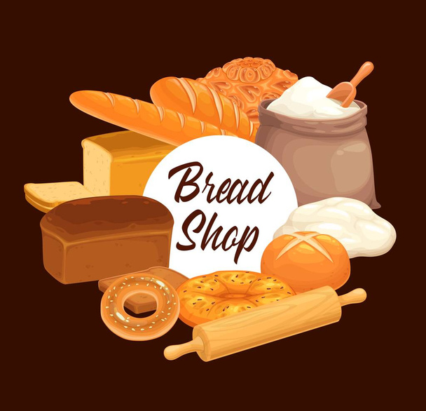 Bakery shop bread, wheat white toasts and rye black loaf, bagels and buns. Bakery shop products, flatbread with sesame, cereal pie, dough and flour bag with scoop and rolling pin - Vector, Image