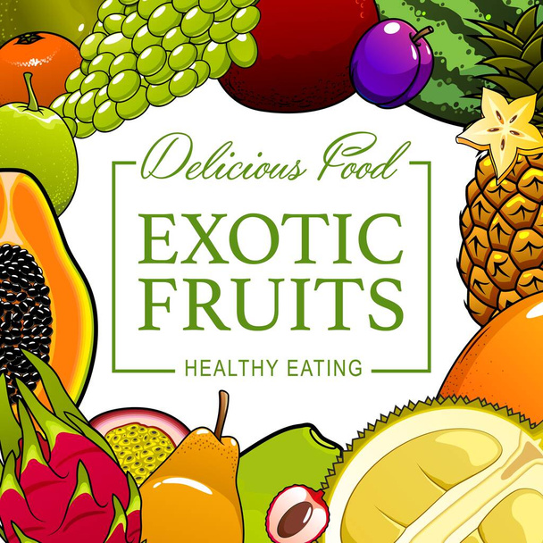 Tropical fruits and farm garden natural food poster. Vector juicy exotic multifruit pineapple, watermelon, papaya and guava, natural organic tropic durian and dragonfruit, plum, grapes and tangerine - Vector, Imagen