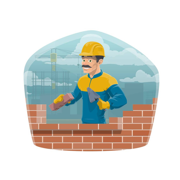 Rakentajan ja tiilien, arkkitehtuurin ja talonrakentajan ammatti. Vektori ammatillinen insinööri tai talon rakentaja mies turvakypärä munivia tiiliä seinään
 - Vektori, kuva