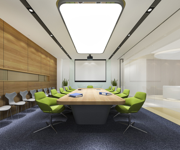 3D Rendering Business Meetingraum im Bürohochhaus mit grünem Stuhl - Foto, Bild
