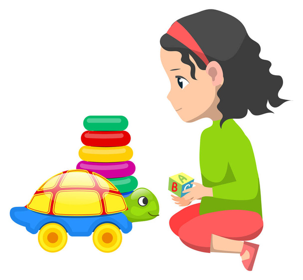 Girl Playing with Toys, Pyramid and Turtle Car - Vektor, kép