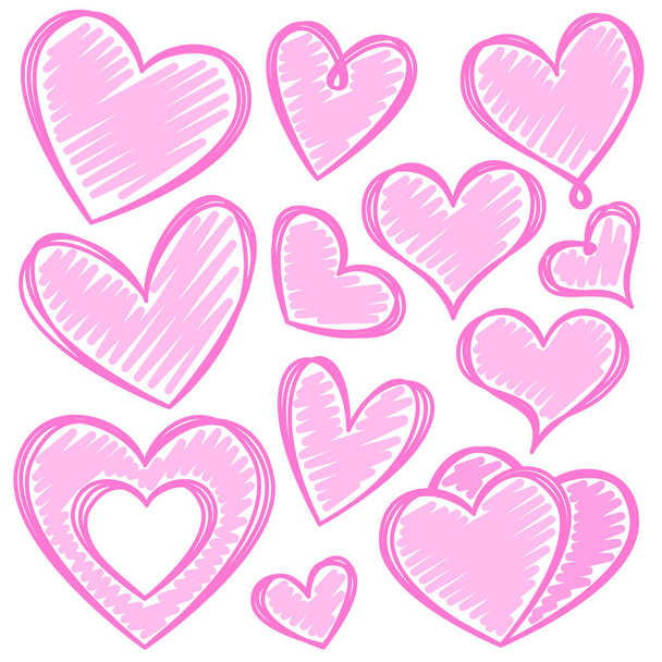 Vector set of hand-drawn pink sloppy painted hearts with several pink lines. Hand drawing rough heart marker isolated on white background. Vector illustration for your graphic design - Vektor, Bild