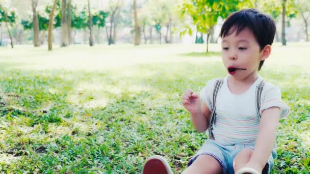 Uroczy chłopczyk jedzący lizaka albo cukierki. Przedszkolak siedzi w pięknym parku i się cieszy, gdy przystojny dzieciak je słodycze. Normalnie dzieci uwielbiają jeść słodycze. Cute młody chłopiec jest mieszane wyścig - Materiał filmowy, wideo
