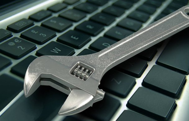 Concept, emergency computer repair, 3D rendering of a white adjustable wrench on a black keyboard. - Photo, Image