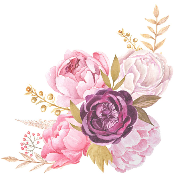 Pink and burgundy peonies with golden leaves bouquet. Greeting card template with watercolor floral element. - Foto, imagen