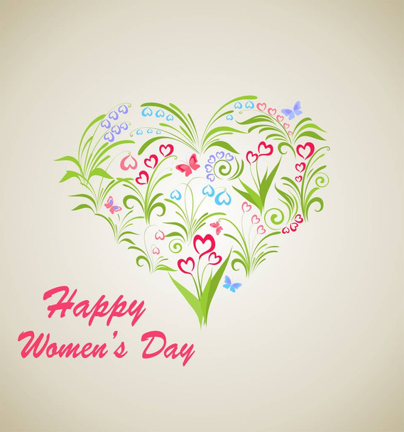 Greeting card with spring flowers bouquet in heart shape for International Womens Day 8th March - Διάνυσμα, εικόνα