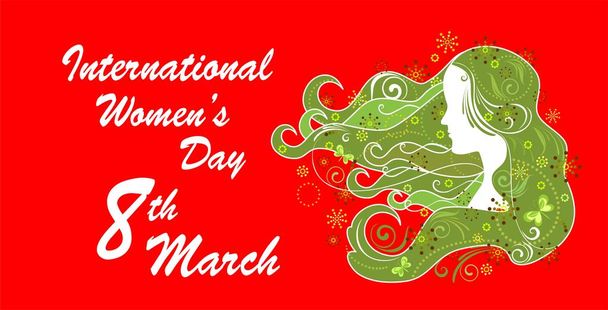 Greeting placard for International Women's Day March 8th with woman green profile and abstract floral pattern on the red background - Vecteur, image