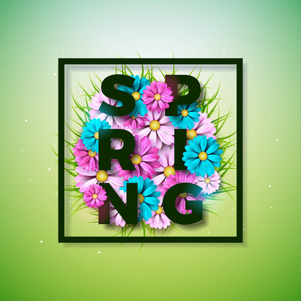 Vector Illustration on a Spring Nature Theme with Beautiful Colorful Flower on Green Background. Floral Design Template with Typography Letter for Banner, Flyer, Invitation, Poster or Greeting Card. - Vector, Imagen