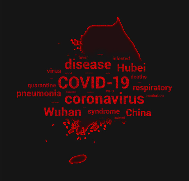 COVID-19 tema com silhueta da Coreia do Sul (palavras vermelhas sobre fundo cinza escuro
) - Foto, Imagem