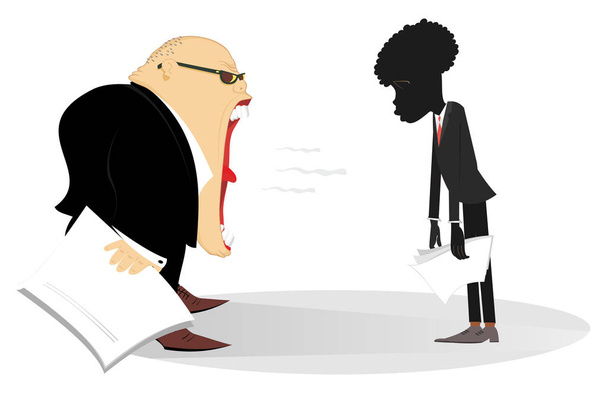Szef zbeształ afrykańską ilustrację pracownika. wściekły biały szef krzyczy jego afrykański pracownik, który wisi jego głowę i ręce izolowane na biały  - Wektor, obraz