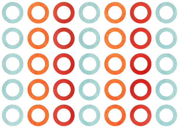 Wasserfarbe rote, blaue und orangefarbene Kreise auf weißem Hintergrund. - Foto, Bild