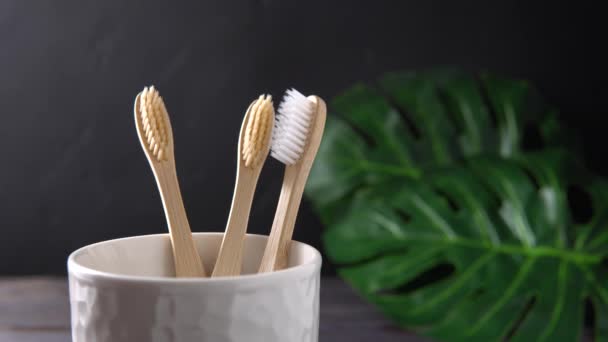 Una mano masculina pone un cepillo de dientes de bambú en una taza blanca
. - Imágenes, Vídeo