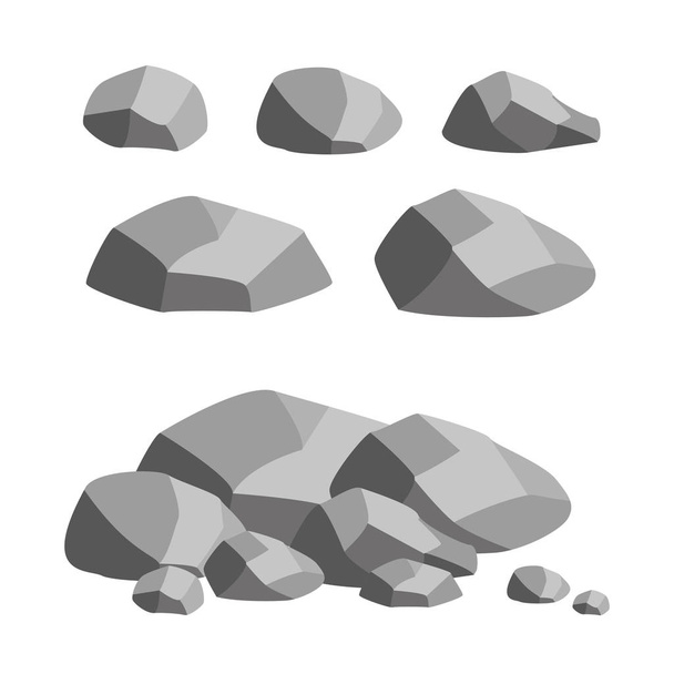 Conjunto de pedras cinzentas. Pedras de paralelepípedos separadas e pilha de pedras. Ilustração isolada do vetor
 - Vetor, Imagem