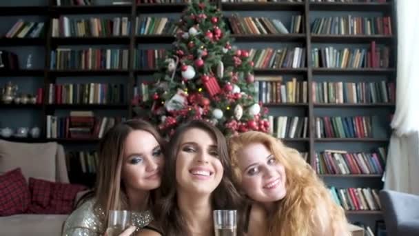 hermosas chicas con copa de champán tomar selfie cerca del árbol de Navidad. Las novias se ríen de la cámara. divertida celebración con novias juntos. Bolas y guirnaldas en el árbol. humor navideño festivo
 - Imágenes, Vídeo