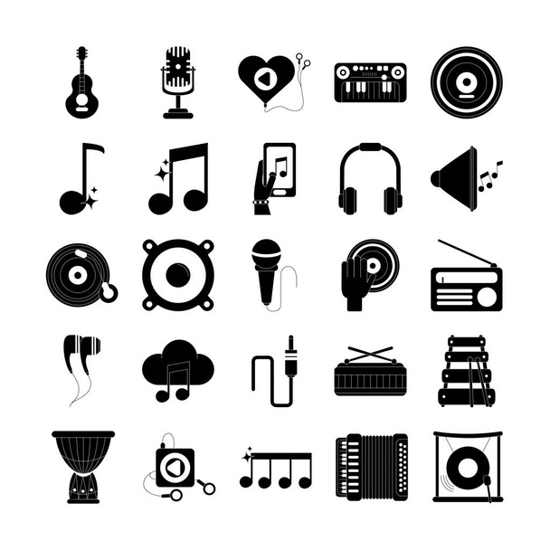 music melody sound audio icons set silhouette style icon - Vetor, Imagem
