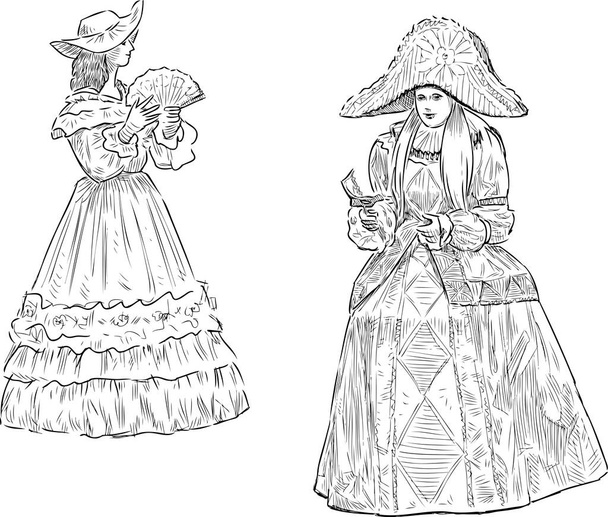 Vrijstaande tekening van jonge vrouwen in vintage carnaval kostuums - Vector, afbeelding