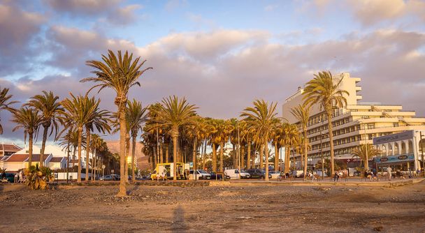 Playa de Las Americas,Tenerife,Canary Islands,Spain - May 11,2018: Seafront promenade with palm trees in Las Americas - one of the most popular resorts in Tenerife. - Fotoğraf, Görsel