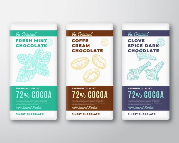 The Original Finest Chocolate Abstract Vector Packaging Design Labels Set. Modern Typography and Hand Drawn Mint and Coffee Beans with Clove Spice Sketch Silhouette Background Layouts. - Vector, Image
