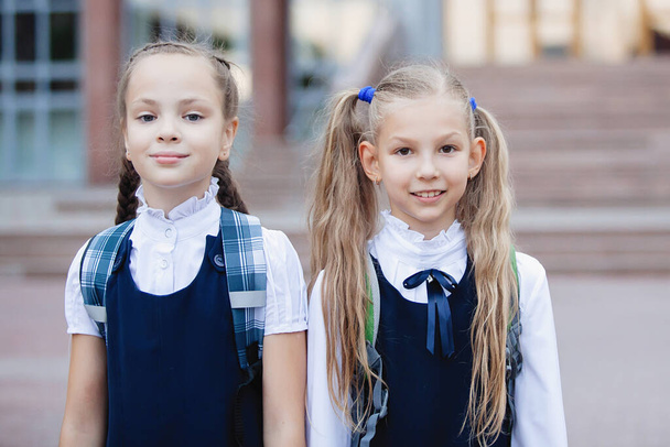 Two teenage schoolgirls in uniform with ponytails and pigtails pose and look at the camera. - Photo, Image