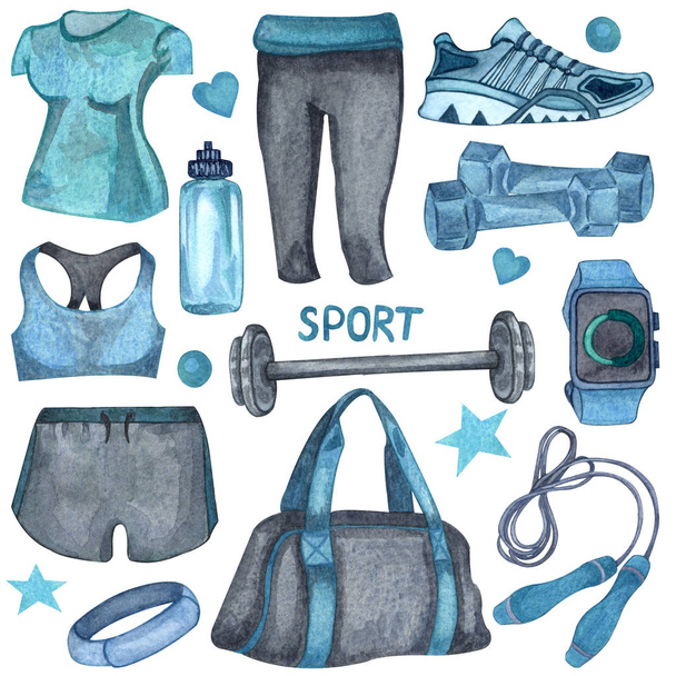 Watercolor illustration of gym, sport or fitness female set. sports stuff: water bottle, watch, bag, weight, t-shirt, dumbbells, jump rope, trainers, isolated on white background - Foto, afbeelding