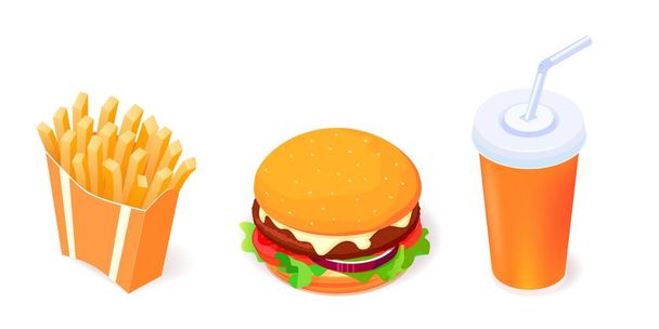 set of vetor food objects icons - burger, cola and french fries on white - ベクター画像
