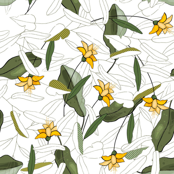 Palma verde tropical mano dibujo vector ilustración sobre fondo blanco en estilo playa. Pintura libre de hojas de verano y flora exótica amarilla, motivos naturales con flores. Patrón hawaii sin costuras
 - Vector, imagen