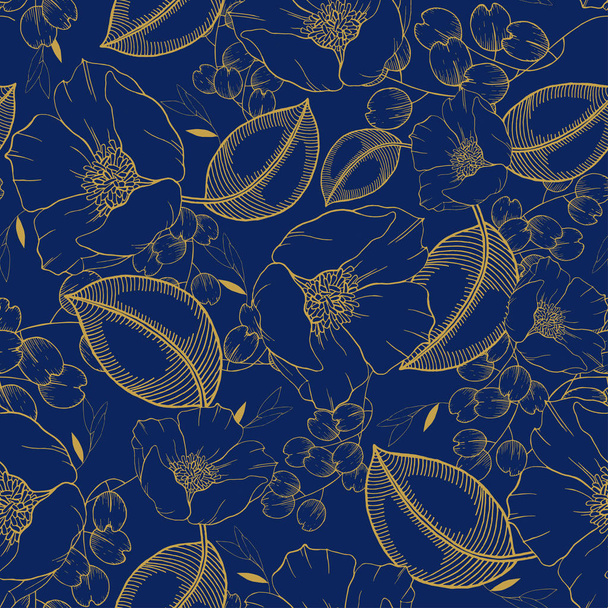 素朴なヴィンテージの黄金の葉と手の青の背景にシームレスなパターンの花をスケッチ。塗装小花テンプレートとアウトライン描画要素の植物ベクトルイラスト - ベクター画像