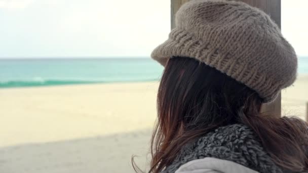 Joven mujer apoyada en un poste de madera en el solarium de un bar cerrado junto al mar en invierno con un cielo tormentoso, mira el horizonte pensativo
 - Metraje, vídeo