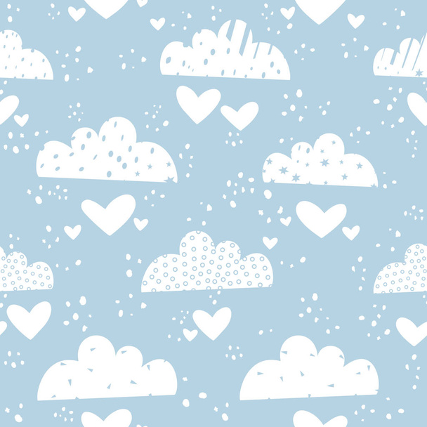 Cute hearts in the sky above the clouds. Seamless pattern with hand drawn elements for kids design. - Vector, afbeelding