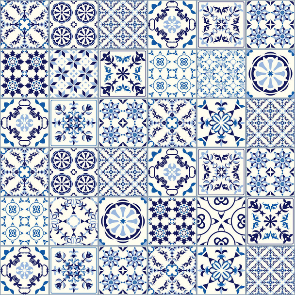 Wektor bezszwowy wzór płytek. Abstrakcyjne tło. Płytki ceramiczne. Indygo niebieski kwiat azulejos dekoracji - Wektor, obraz