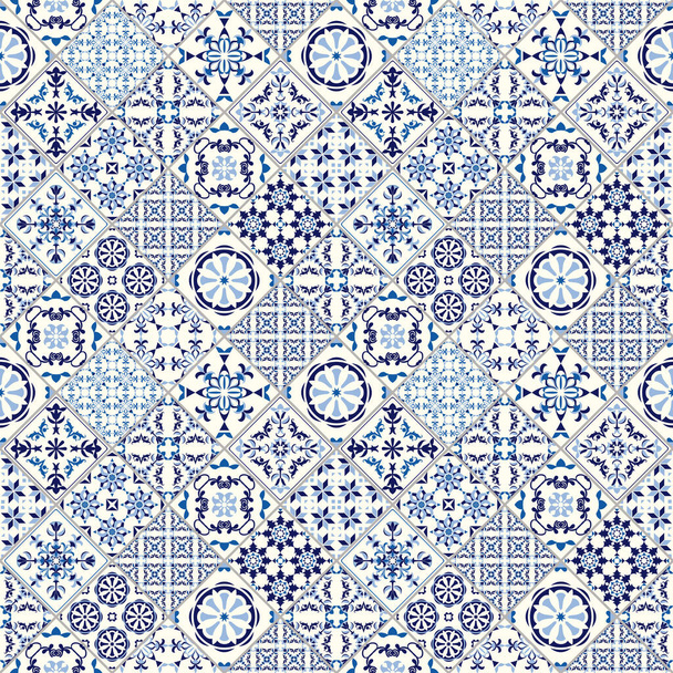 Vector seamless tile pattern. Abstract background. Ceramic tiles. Indigo blue flower azulejos decoration - Vector, Image