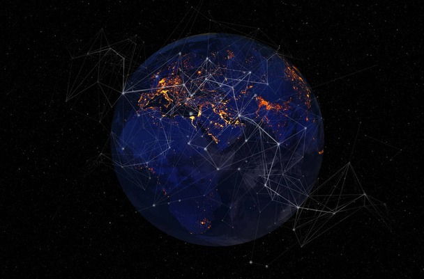 インターネットビジネスのための通信技術。地球の暗号通貨とブロックチェーンとIoTに関する世界的なネットワークと通信。NASAによって提供されたこの画像の要素 - 写真・画像