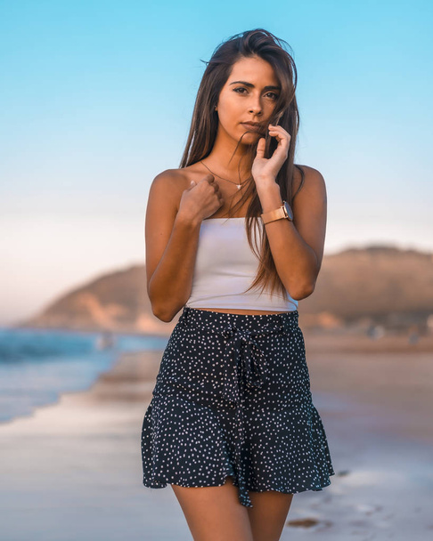 fashion portrait of attractive young woman at beach of Zarautz - Φωτογραφία, εικόνα