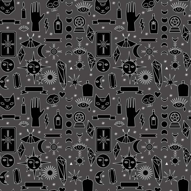 Vector occult witch and magic symbols repeat seamless pattern on dark background. Good luck crystals, gems. Use for textile and fabric design, fashion prints,paper backgrounds, print on demand, new age and yoga products. - Vector, Image