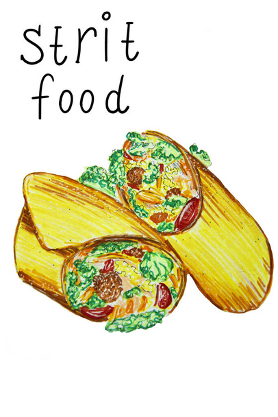 Raster-Illustration, Shawarma, Street Food, handgezeichnet mit Filzstiften - Foto, Bild