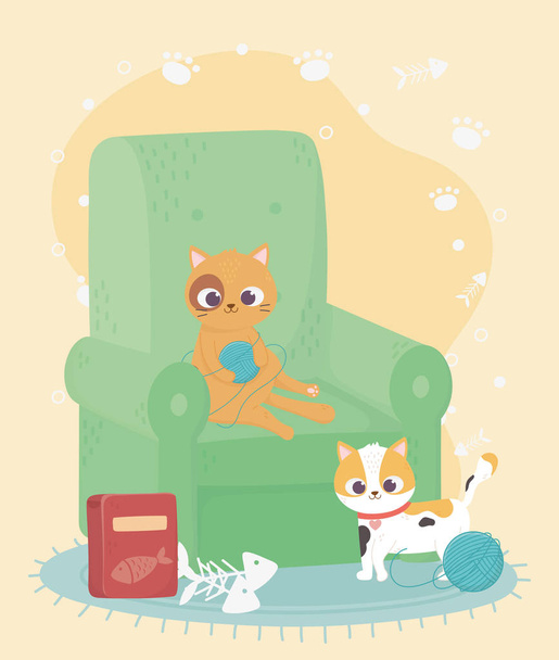 cats make me happy, cute cats in sofa with balls wool and food - Vector, Image