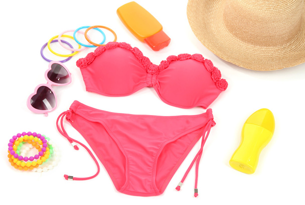 Swimsuit and beach items isolated on white - Φωτογραφία, εικόνα