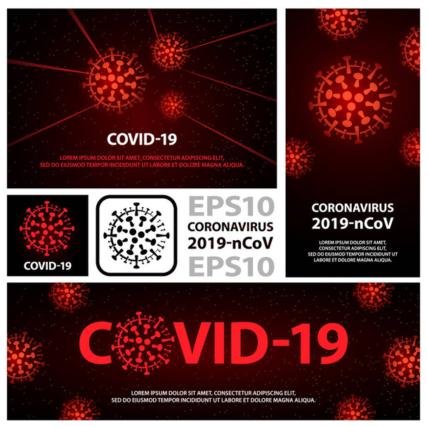 Red coronavirus virus banners set. Vector flat covid-19 backgrounds for banner or flyer of epidemic identification. - Vector, Image