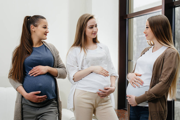 A group of young pregnant girls communicate in the prenatal class. Care and consultation of pregnant women - Fotoğraf, Görsel