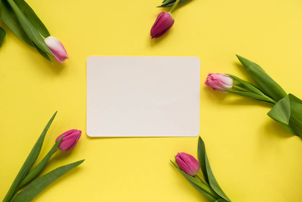 Beautiful spring tulips on yellow background. Concept of Valentines day, Women's Day March eight, Mothers day. Card space for text, flat lay. - Photo, Image