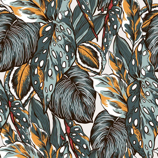 Vector vintage seamless pattern of tropical leaves. Natural exotic texture. Summer floral illustration. - Vetor, Imagem