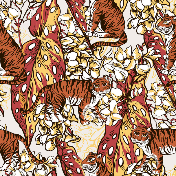 Vintage kwiaty wektor tygrys bezszwowy wzór z begonii kwiaty i liście. Tropikalna faktura zwierzęca. Egzotyczne lato ilustracja - Wektor, obraz