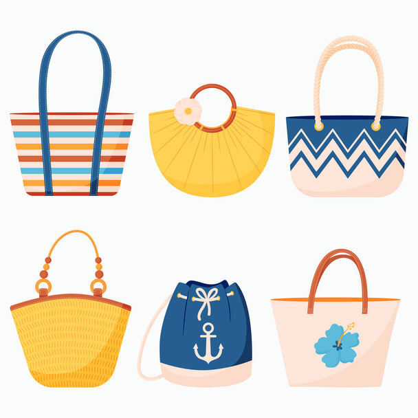 Letní sada plážových tašek a batohu s koženými rukojetěmi a lanem v plochém stylu - Vektor, obrázek