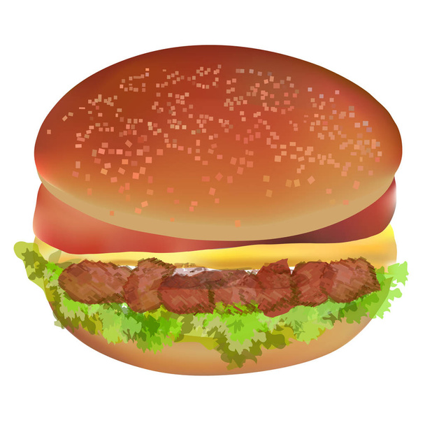 Realistic Burger with Meat, Salad & Cheese Isolated on White Background. 3D Vector Illustration - Vector, Image
