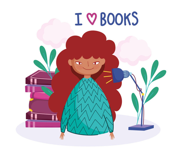 book day, teen girl with lamp and books - Vector, afbeelding