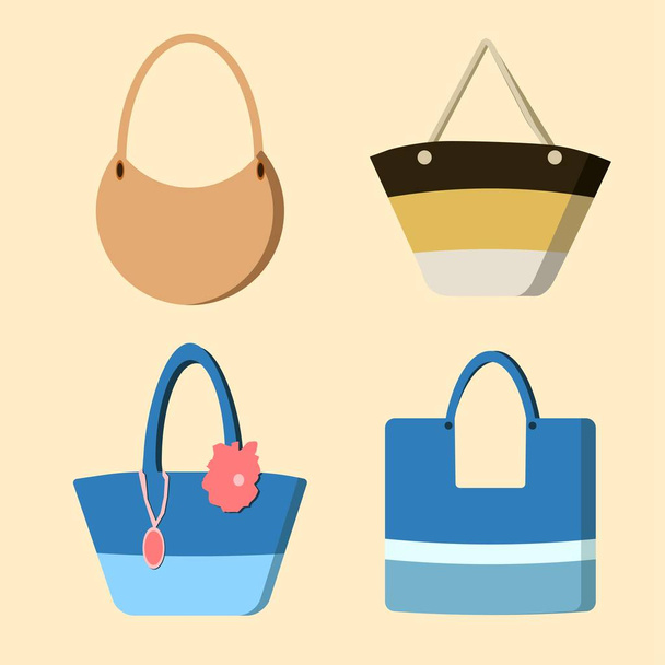 Summer set beach hand bags with leather and rope handles in flat style isolated on yellow background. Minimal flat vector illustration for print or web. Luggage, cases and backpacks. Striped style. - Vector, Image